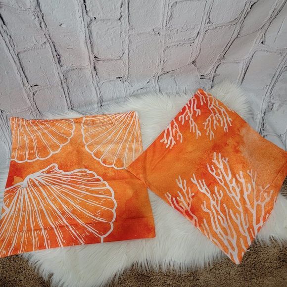 Other - Orange White Beach Shell Coral Design Decorative Throw Pillow Cover Set of 2